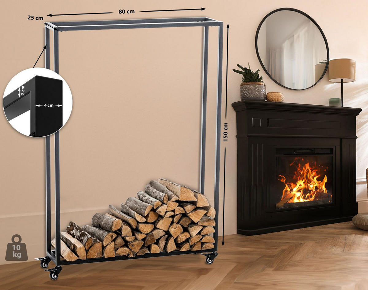 KAMINHOLZREGAL innen Metall BETTA mit Rollen 25x80x150 cm - Schwarz, Metall (80/150/25cm) - DELUKE