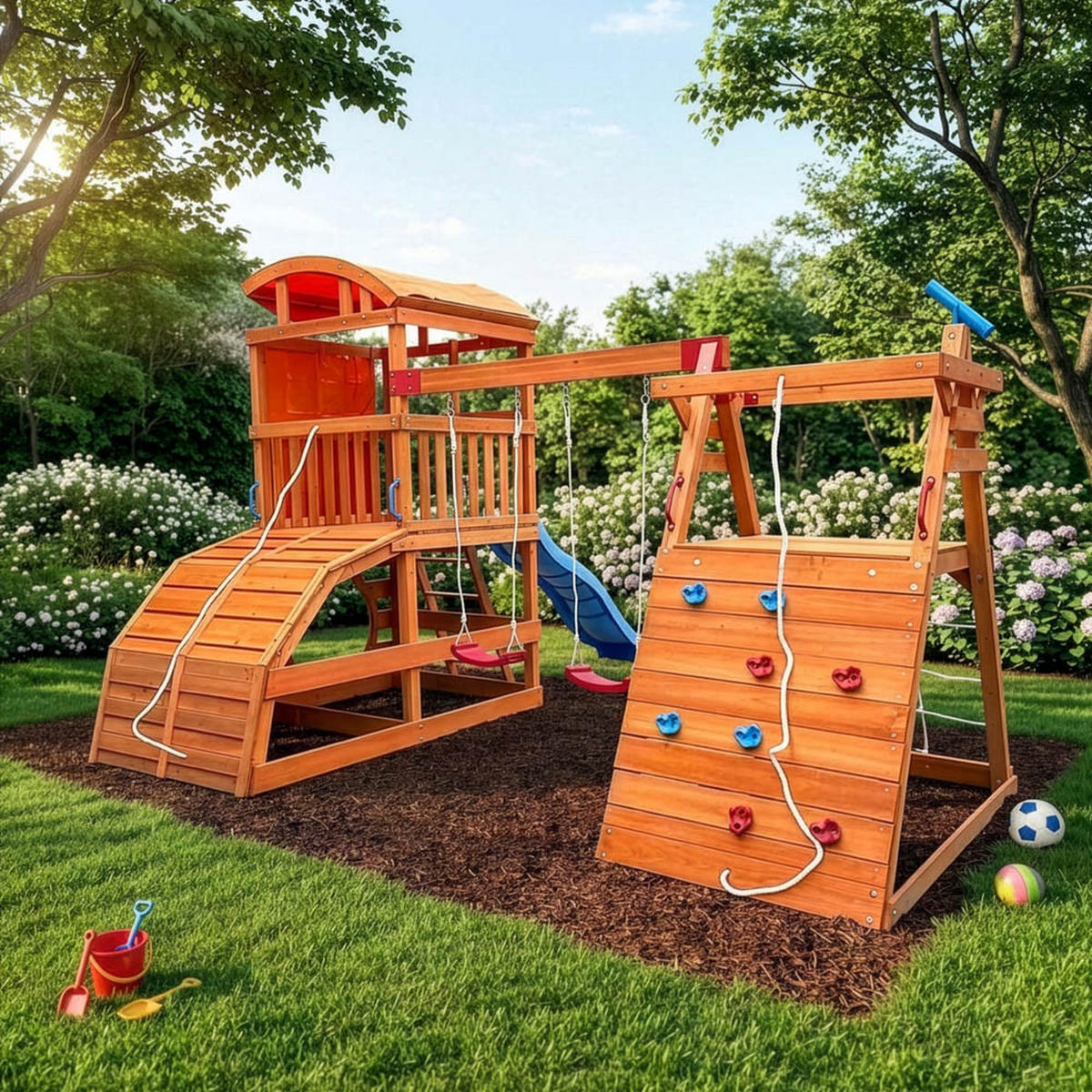 SPIELTURM MIT DOPPELSCHAUKEL NIA - 420 x 280 cm - Nussbaumfarben, Holz (420/278.4/448.4cm) - Home Deluxe