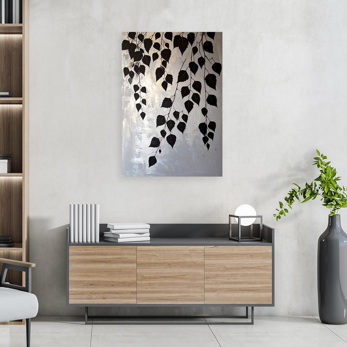 LEINWANDBILD, Schwarze Birkenblätter Natur Pflanzen - Schwarz, Textil (60/90cm) - Feeby