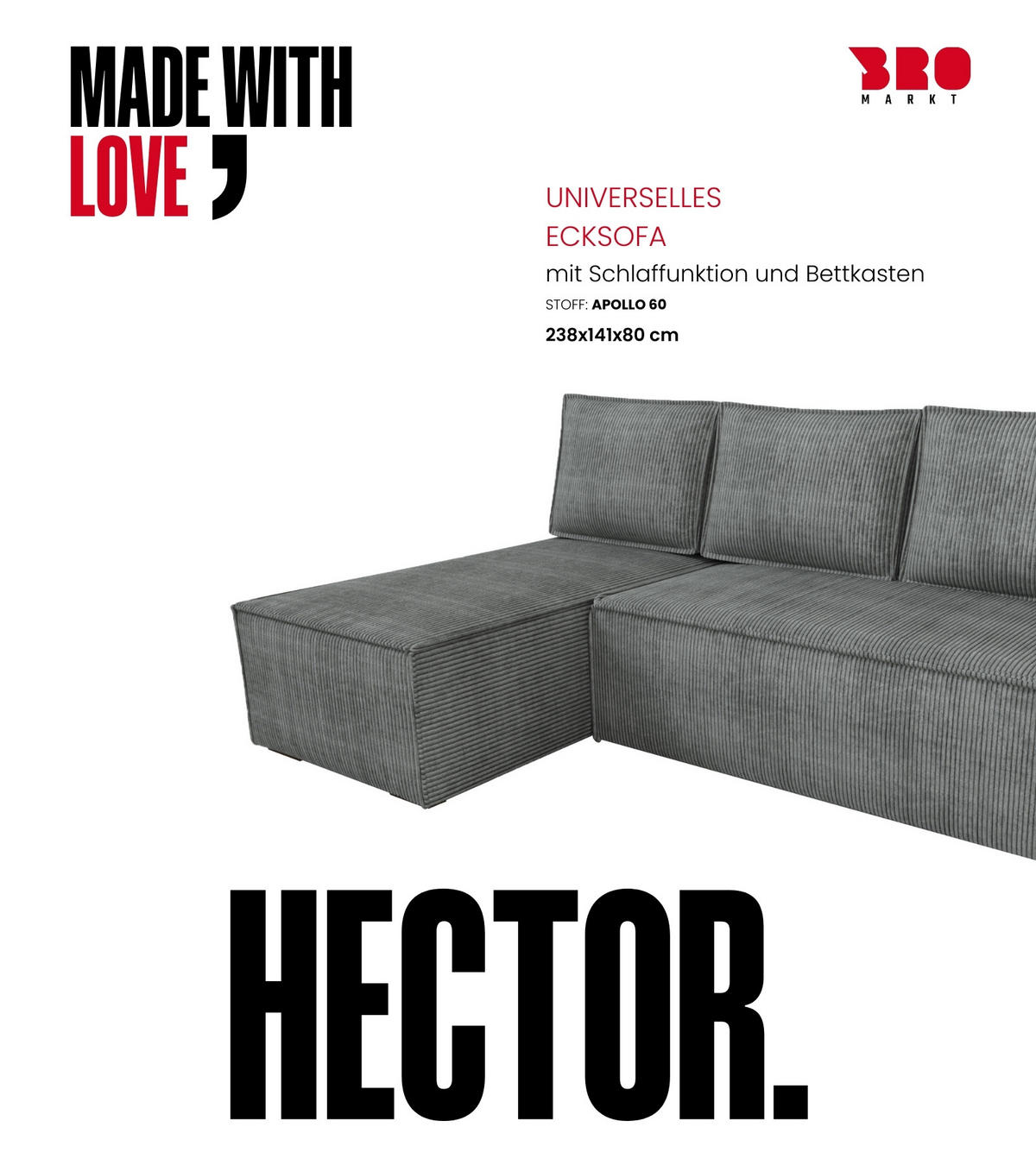 ECKSOFA Hector mit Schlaffunktion Grau Cord - Grau, Textil (200/141cm) - Bromarkt
