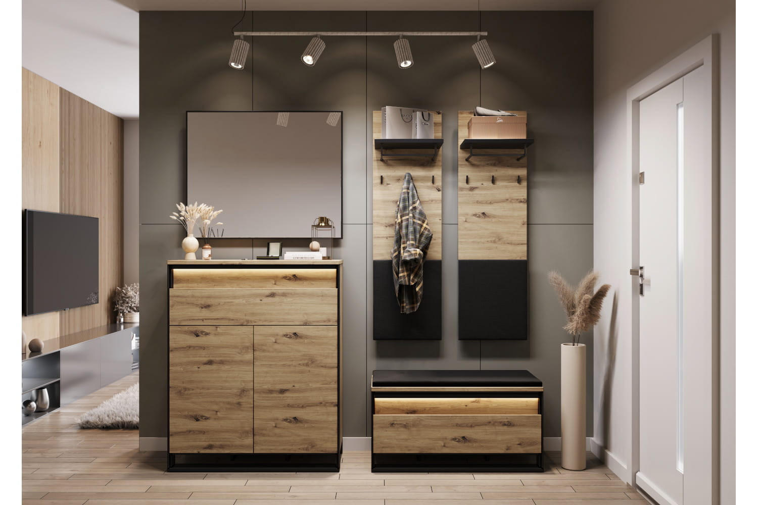 GARDEROBE Quant 3 - Schwarz/Eiche Artisan, Holzwerkstoff (184/182/40cm) - Meblini