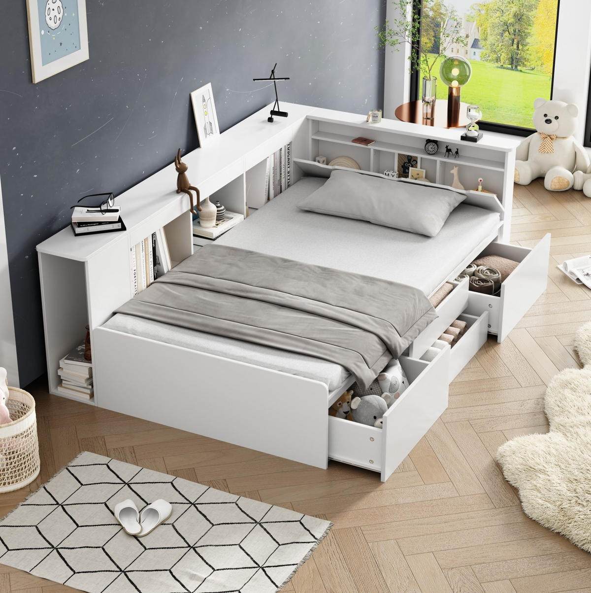 KINDERBETT 90/200 cm Weiß Multifunktionales Kinderbett mit Stauräumen - Weiß, Holzwerkstoff (90/200cm) - OKWISH