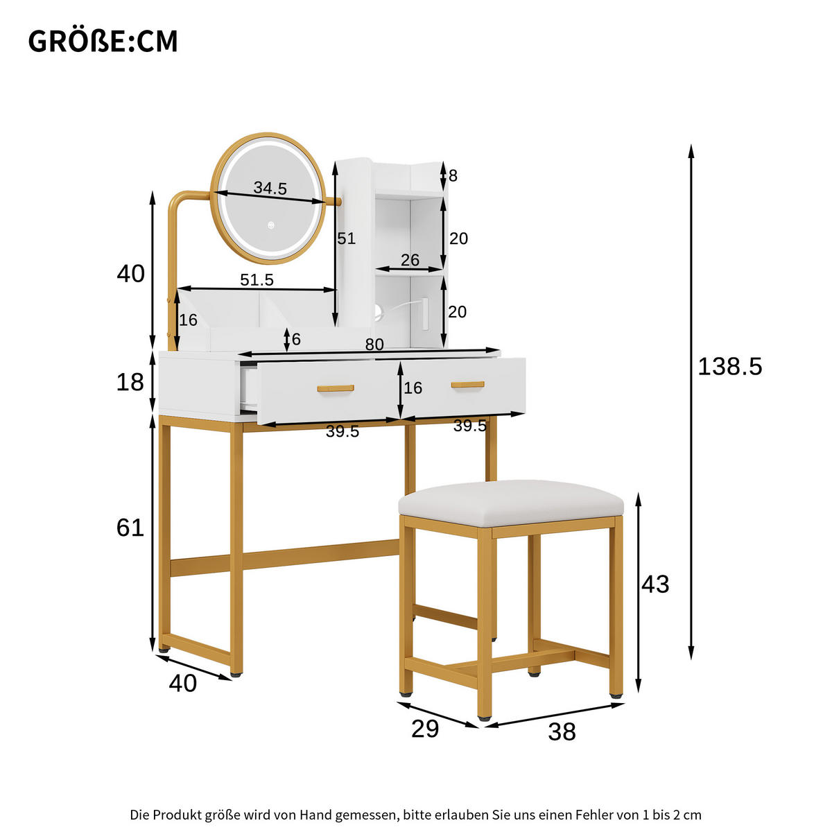 SCHMINKTISCH in Weiß Frisiertisch mit LED-Spiegel, Steckdosen, Hocker & Goldbeinen, 2 Schubladen, für Schlafzimmer, B138.5/T40/H80cm - Goldfarben/Weiß, Holzwerkstoff/Metall (80/138.5/40cm) - STILVORA