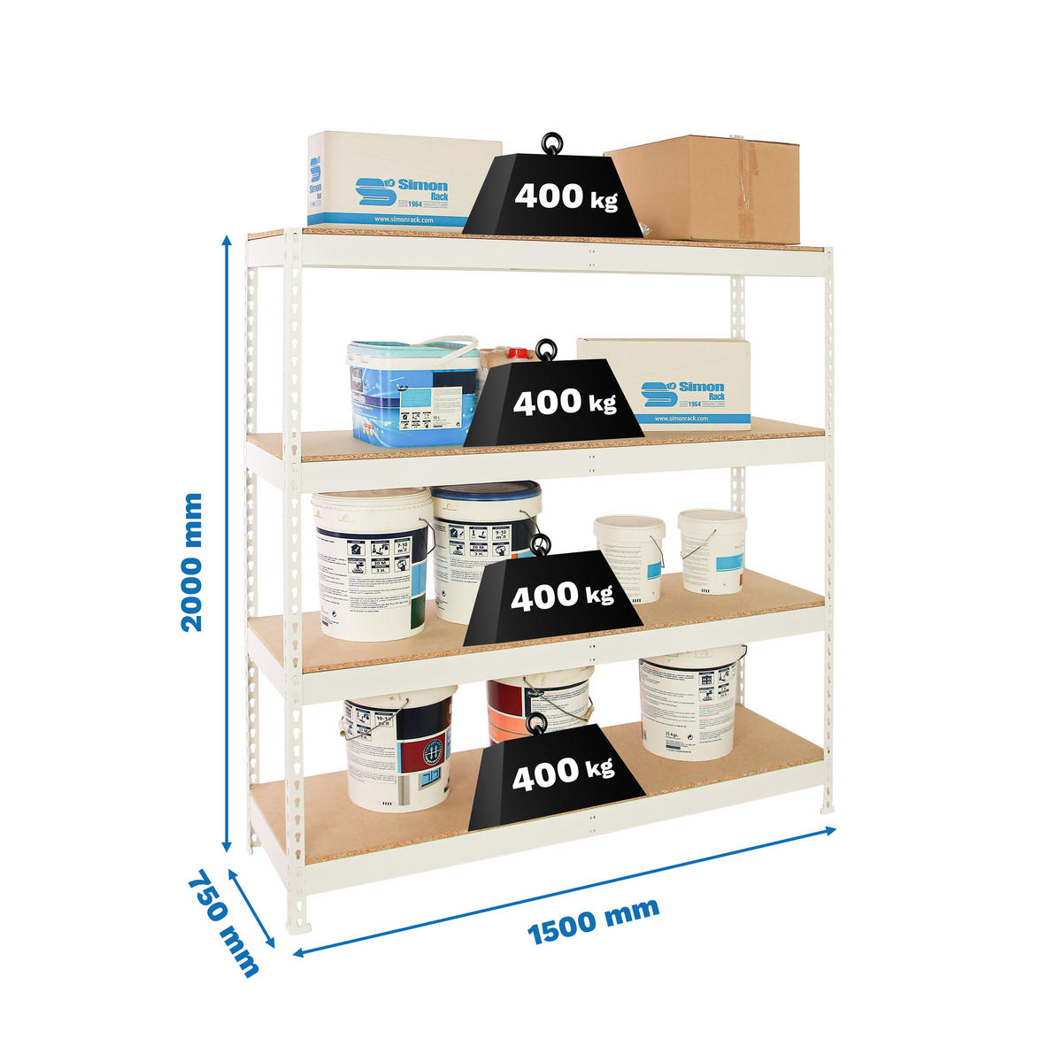 SCHWERLASTREGAL Big Wood Yeti Four HxBxT 200 x 150 x 75 cm Fachlast 400 kg Weiß - Weiß, Metall (150/200/75cm) - PROREGAL