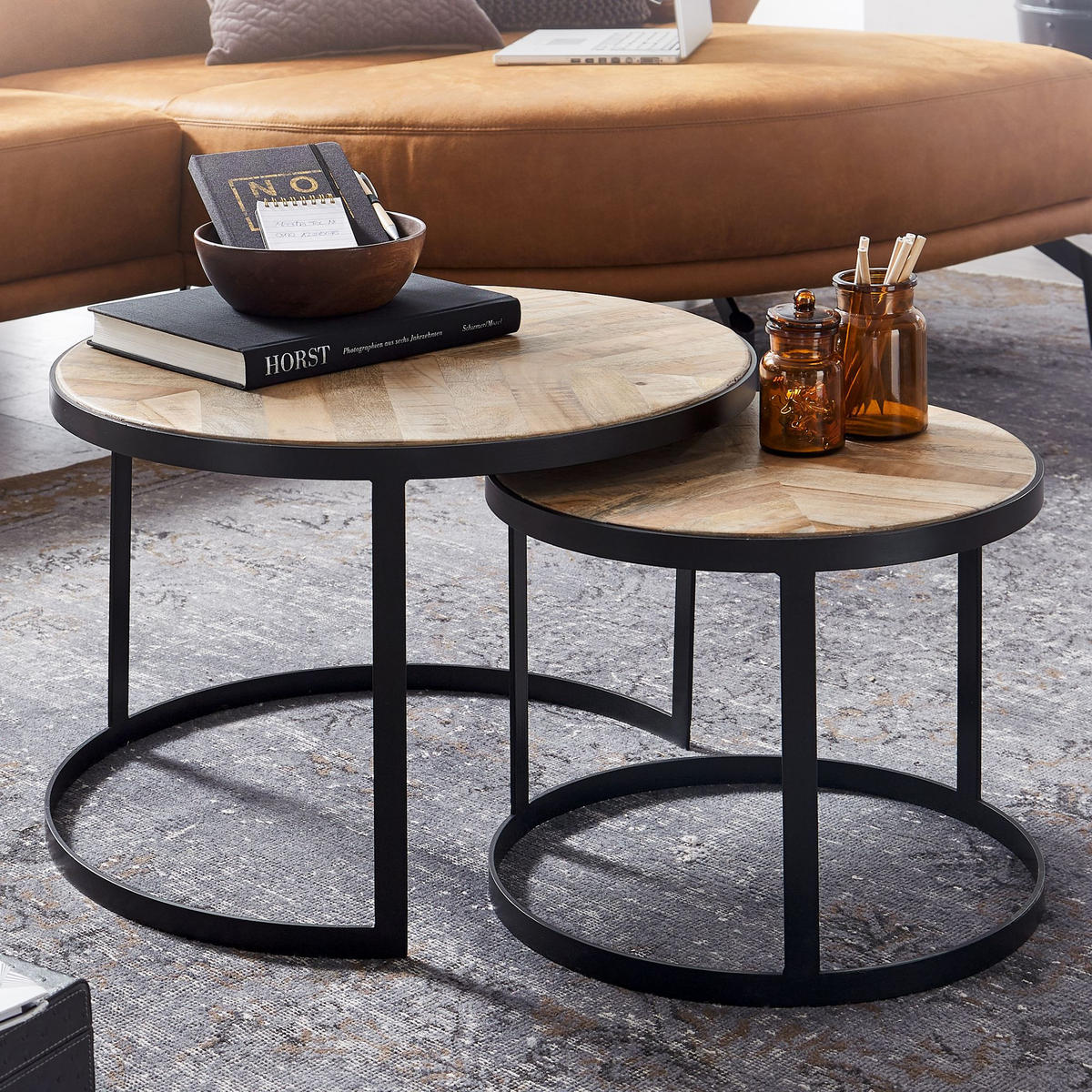 COUCHTISCH 2er Set Massivholz Metall Platzsparend Handgefertigt ESINO, Beige 60x60x40 cm - Beige/Schwarz, Holz/Metall (60/60/40cm) - KADIMA DESIGN