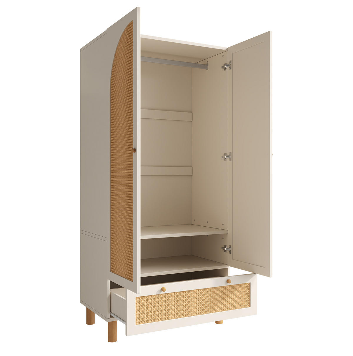 KLEIDERSCHRANK 2-türig 85,5/52/180,5 cm in Weiß mit Rattan & Schublade - Weiß, Holz (85.5/180.5/52cm) - BEAOK