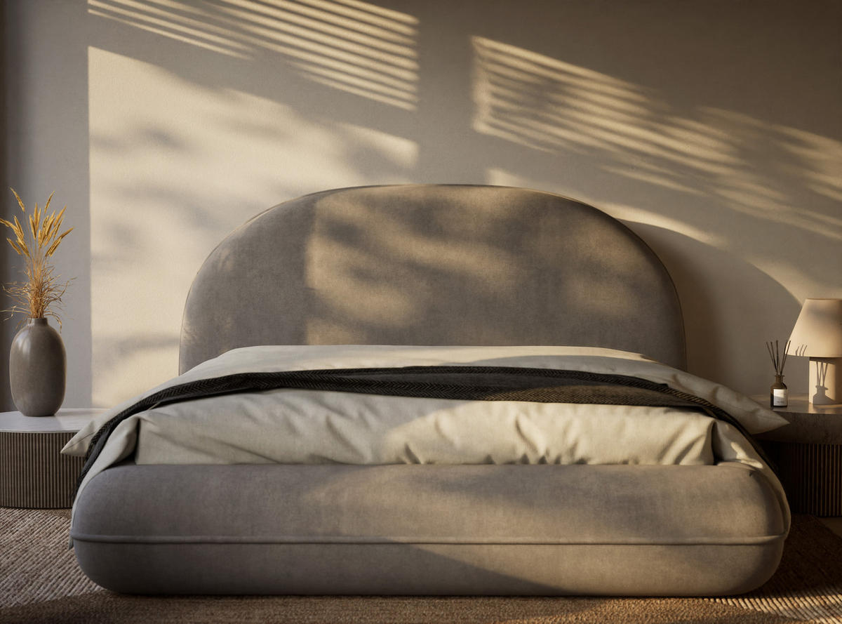 POLSTERBETT Koji Beige Grau 160/200 cm im Chenille-Stoff - Greige/Schwarz, Holz/Holzwerkstoff (160/200cm) - Maison de Reve