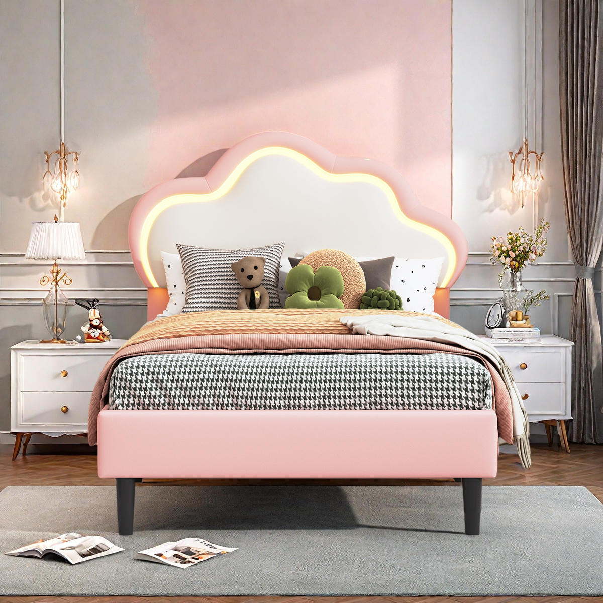 KINDERBETT 90/200 cm rosa mit LED und Wolkenkopfteil - Rosa, Holz - SHOPENTRA