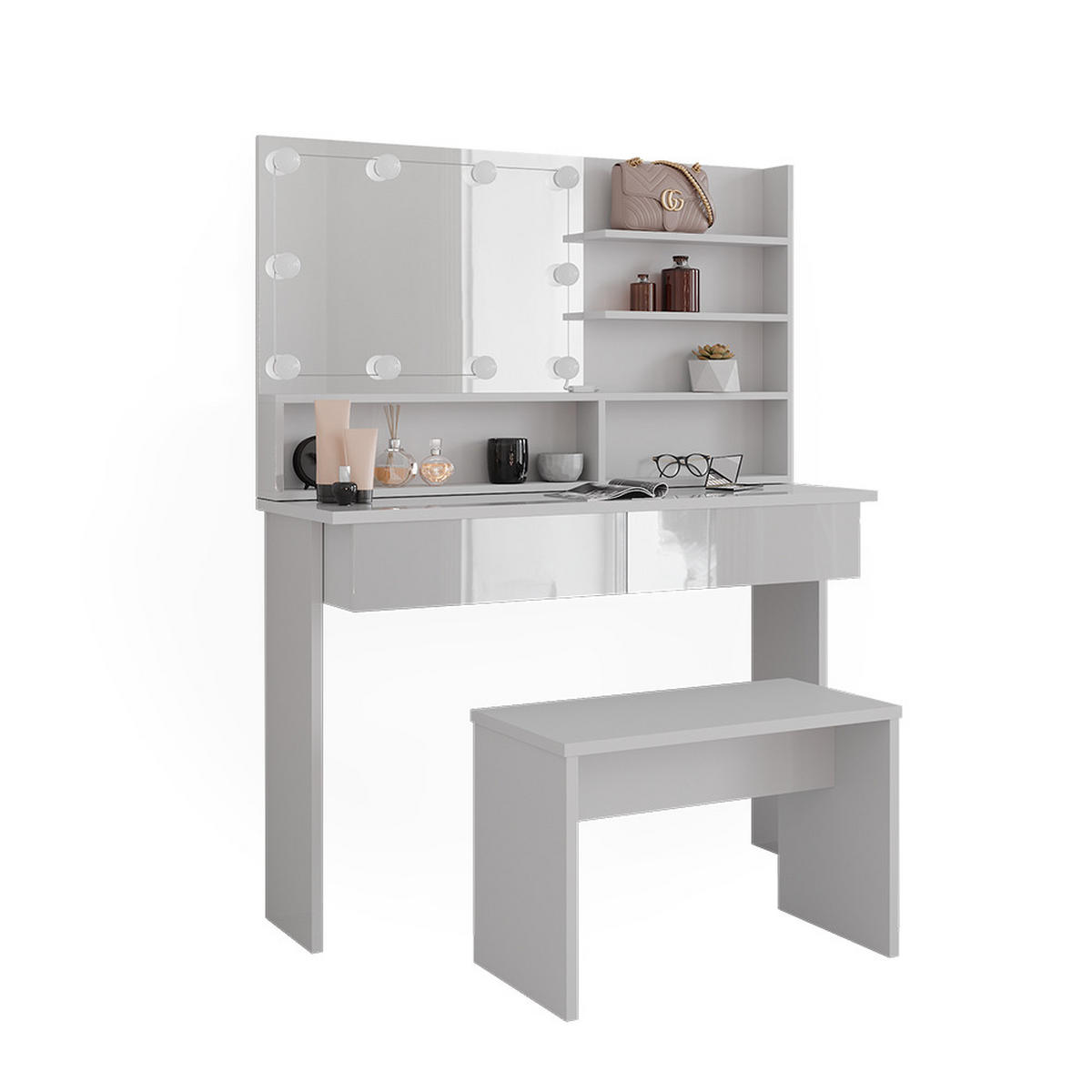 SCHMINKTISCH Azur Weiß 120 cm mit Spiegelregal, Bank & LED-Beleuchtung - Weiß Hochglanz/Weiß, Holzwerkstoff (120/83.5/40cm) - Vicco