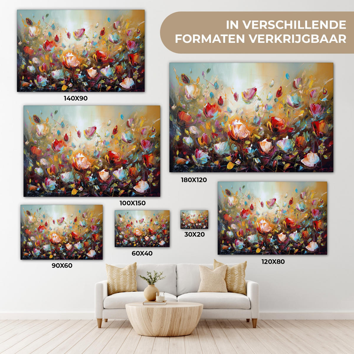 LEINWANDBILD Blumen - Kunst - Natur - Ölgemälde Wohnzimmer Groß 120x80 cm - Multicolor, Textil (120/80cm) - MuchoWow