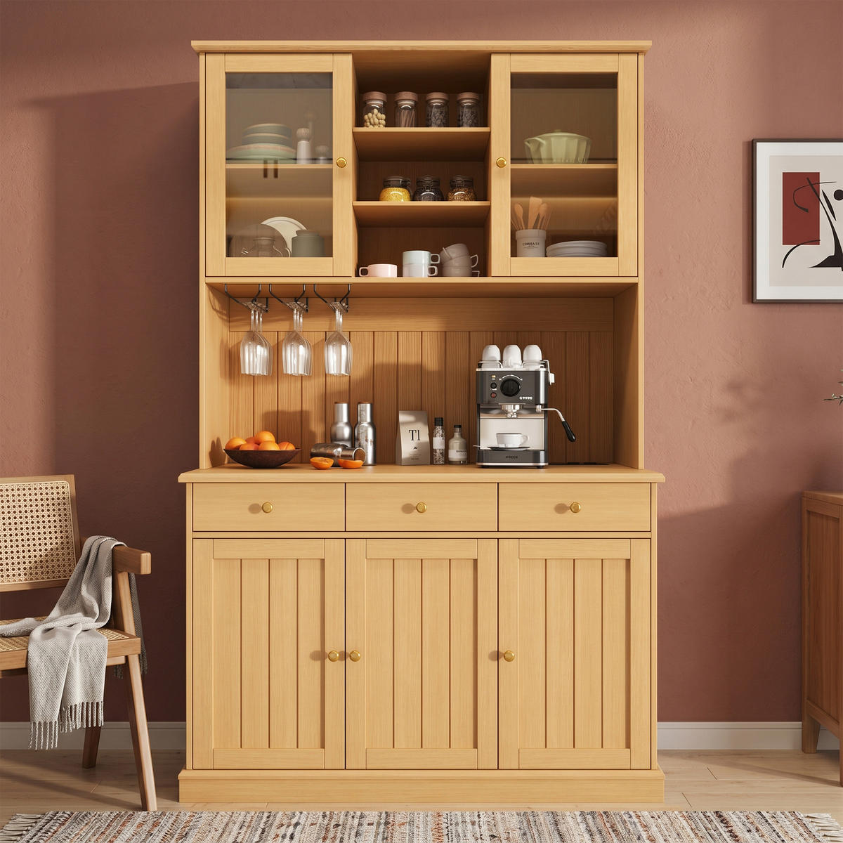 BUFFETSCHRANK 120x40x191 cm, Glastüren, Gläserhalter, 2 Steckdosen, USB-A/USB-C-Anschlüsse, Naturfarbe - Naturfarben, Holzwerkstoff (120/191/40cm) - FOHERE