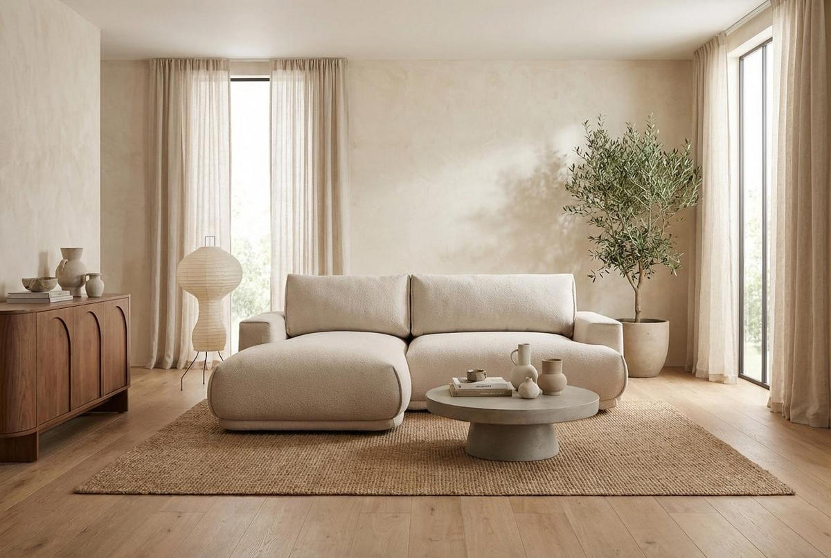 ECKSOFA NERO Beige Velours-Stoff mit Schlaffunktion - Beige, Holz (270/170cm) - MASSENO