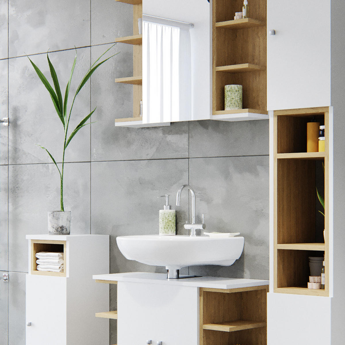BADMÖBEL-SET Aquis Weiß 2 Teile - Weiß/Sonoma Eiche, Holzwerkstoff (79.6/64/32cm) - Vicco