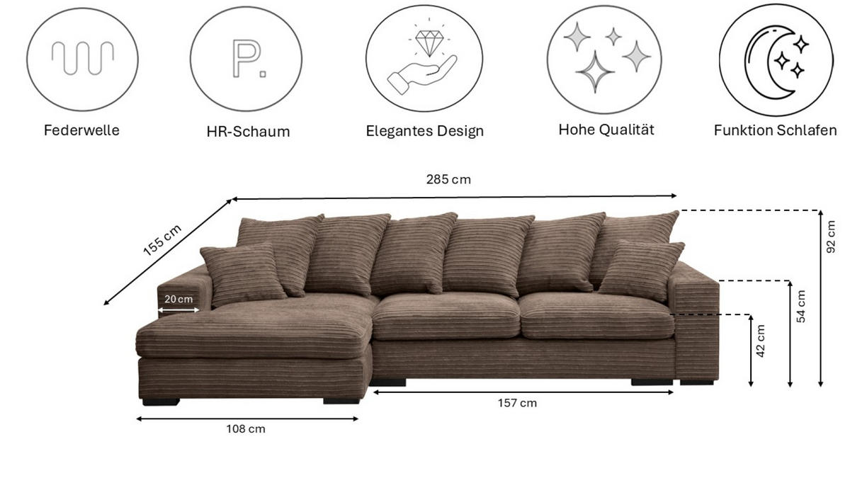 ECKSOFA Mit Schlaffunktion Und Bettkasten Couch L-form Gabon Stoff Zoom Braun Links - Braun, Holz (155/285cm) - Kaiser Möbel