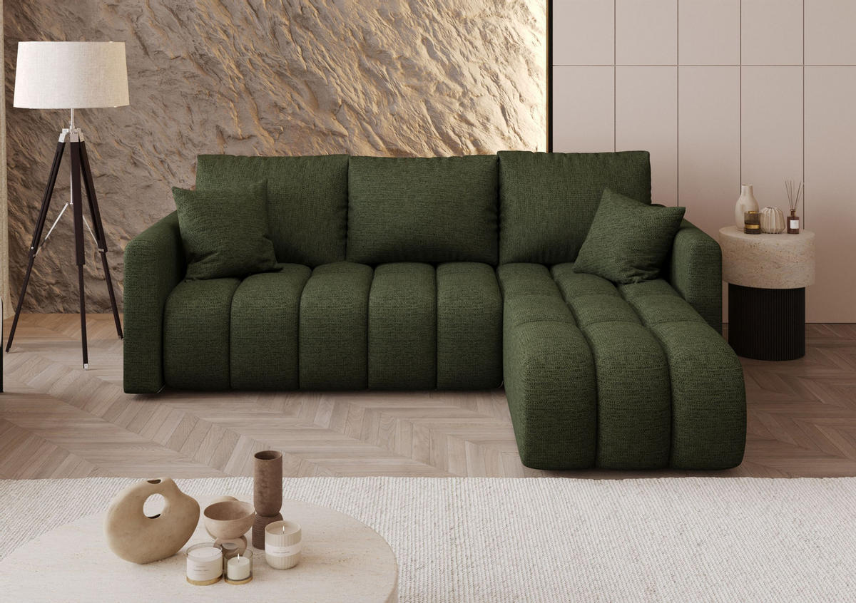 ROHOVÁ pohovka GARDA pravá zelená pletená tkanina Aragon 39 - funkce spaní, úložný prostor - zelená barva, textil (230/149cm) - Cornero