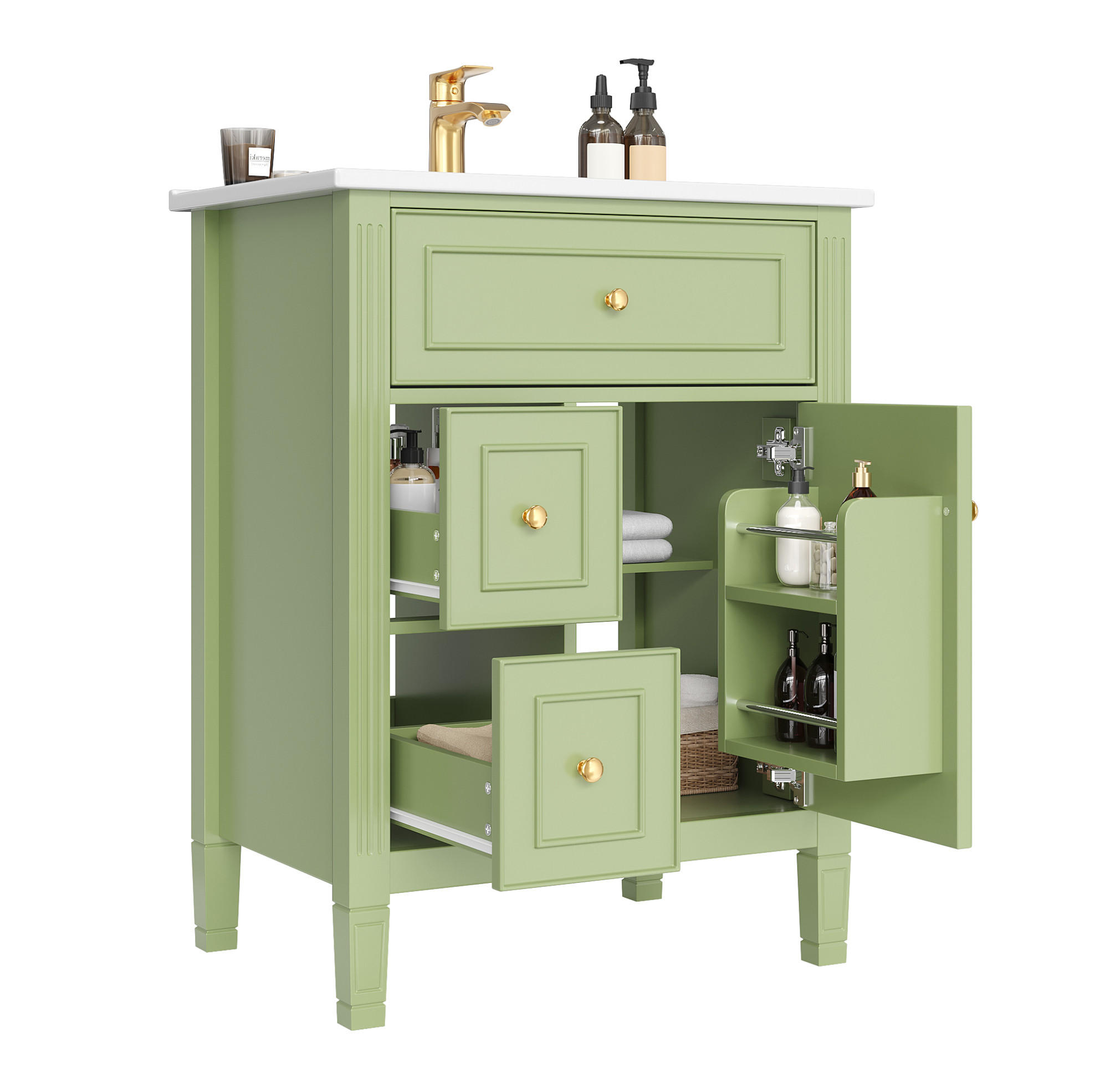 WASCHBECKENUNTERSCHRANK aus MDF und Keramik 61x47x86 cm Grün mit Stauraum, Soft-Close-Tür und Keramikbecken - Grün, Keramik (61/86/47cm) - Modfu
