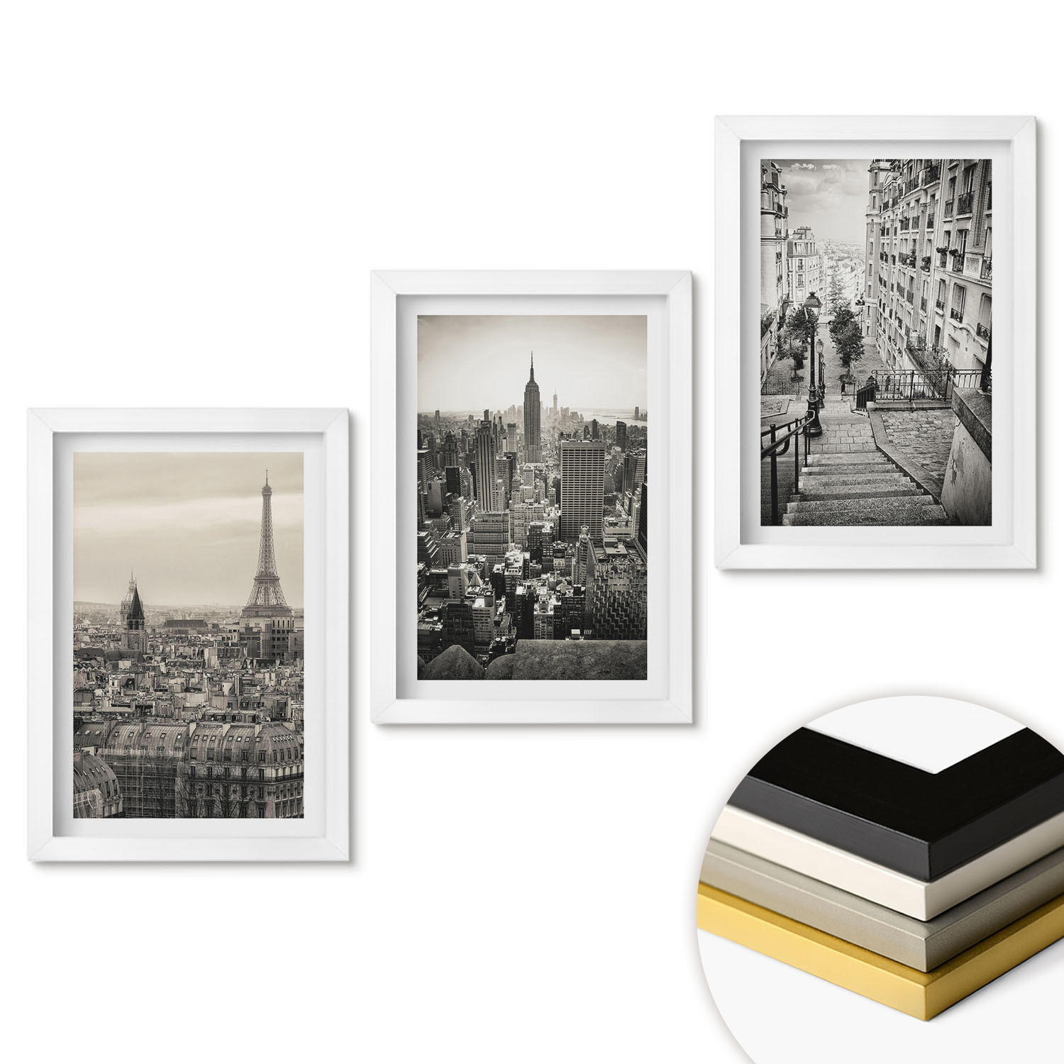 WANDBILDER 3er-Set - 20x30 cm Weißer Rahmen - Aussicht Paris New York Treppen - Weiß, Kunststoff (20/30cm) - ArtPrintCave