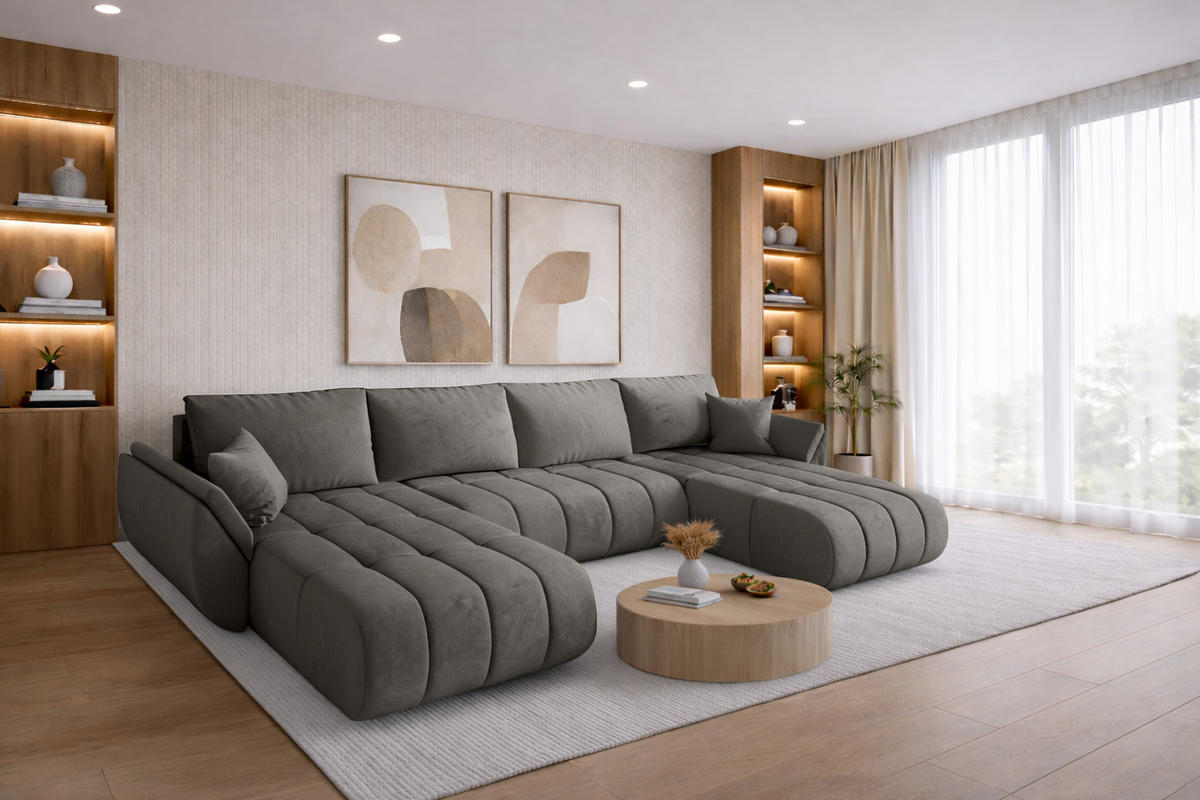 ECKSOFA mit schlaffunktion und bettkasten TOKYO U PREMIUM, stoff MONOLITH, Hellgrau - Hellgrau, Holz (384/190cm) - Kaiser Möbel