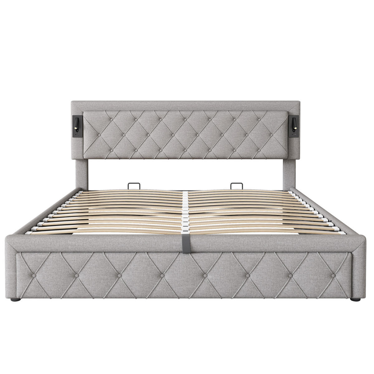 BETT mit Stauraum, USB und Downlight Leinen Grau - Grau, Metall (180/200cm) - Meubliv