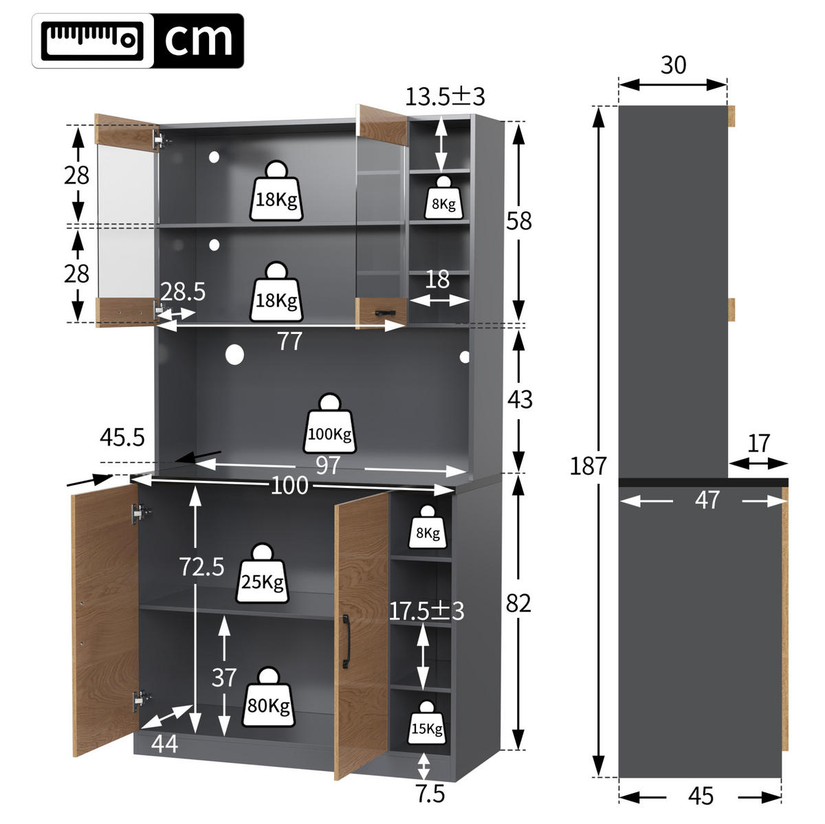 BUFFET Aufbewahrungsschrank 100x47x187cm Natur mit Glas & LED Beleuchtung - Naturfarben, Holzwerkstoff (100/187/47cm) - Modfu