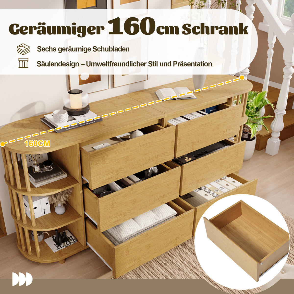 SIDEBOARD aus MDF und Bambus 40x160x75 cm Eiche mit 6 Schubladen und offenen Regalen - Naturfarben, Holzwerkstoff (160/75/40cm) - IVMEU