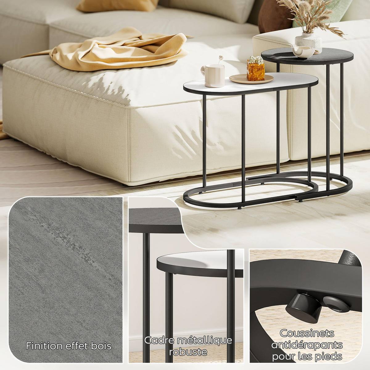 COUCHTISCHE 2er-Set Grau Weiß Schwarz - Grau, Metall (38/38/54.5cm) - PANGIVO