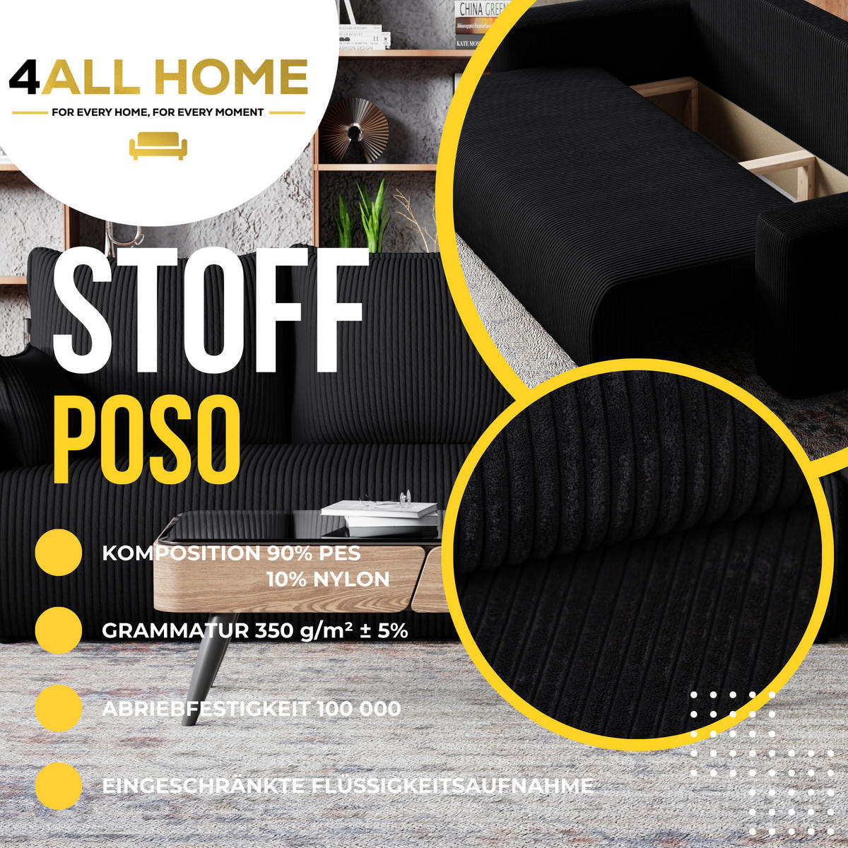 SOFA Bubi mit Bettkasten und Schlaffunktion, Cordstoff - Schwarz, Holzwerkstoff (242/85/95cm)