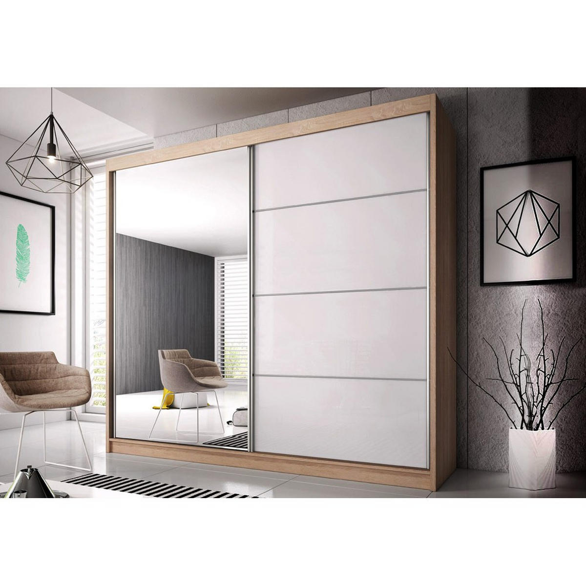 SCHWEBETÜRENSCHRANK Multi 35 Sonoma Eiche/Weiß Semigloss + Spiegel, ohne LED-Beleuchtung 233 cm - Alufarben/Weiß, Glas/Holzwerkstoff (233/218/61cm) - imoebel24