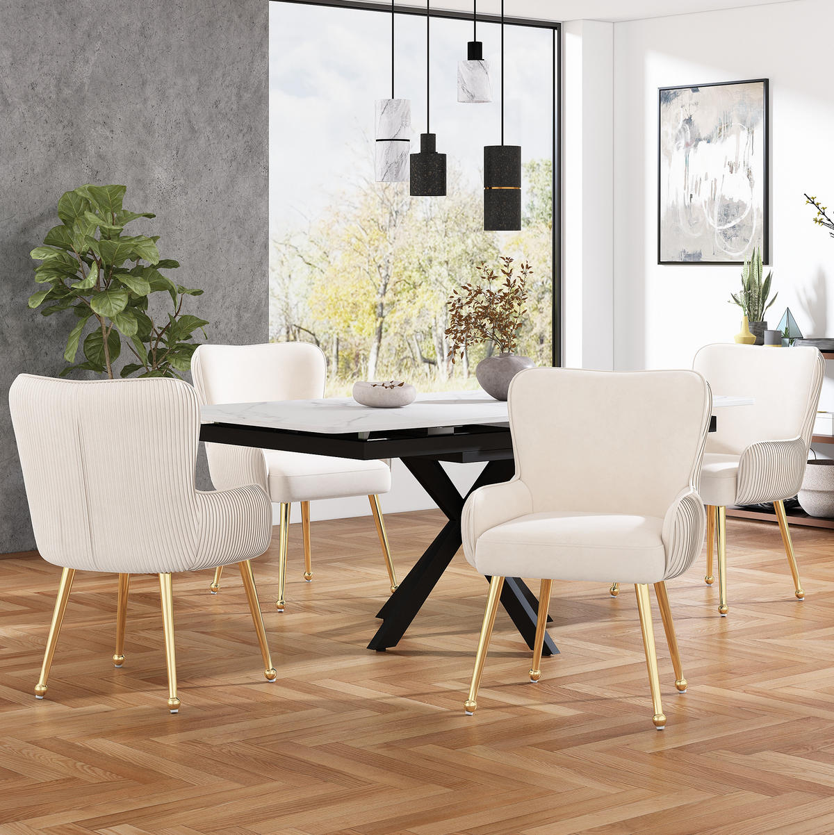 ESSZIMMERSTUHL 4er-Set mit Armlehnen Samt Beige/Gold - Beige, Metall (47.5/83/57.1cm) - Meubliv