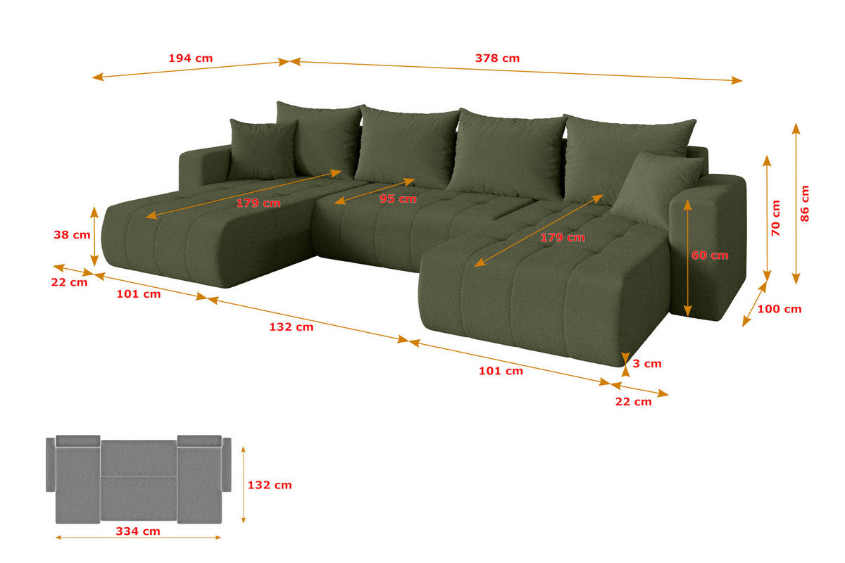 SEDACÍ SOUPRAVA DO U s funkcí spaní a úložným prostorem MILA-U 378x194x86 zelená bouclé - černá/zelená barva, kompozitní dřevo/textil (378/86/194cm) - ALTDECOR
