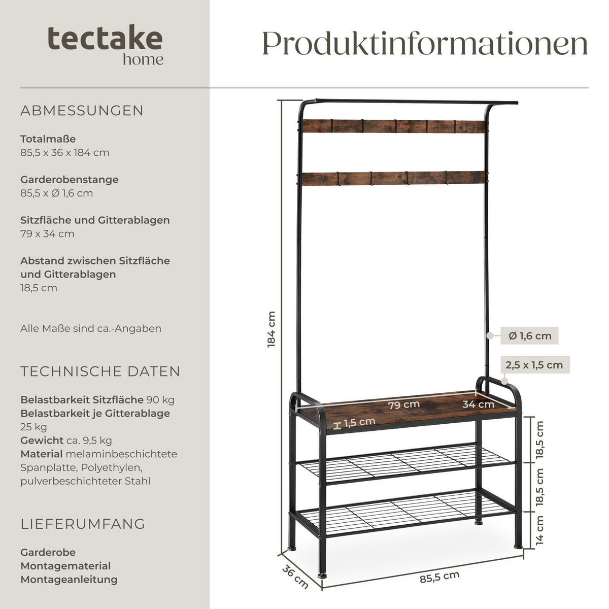 GARDEROBENSTÄNDER Alberta, inklusive Kippschutz, 85,5 x 36 x 184 cm, Industrial Holz dunkel, rustikal - Rostfarben, Textil (36/184/85.5cm) - tectake