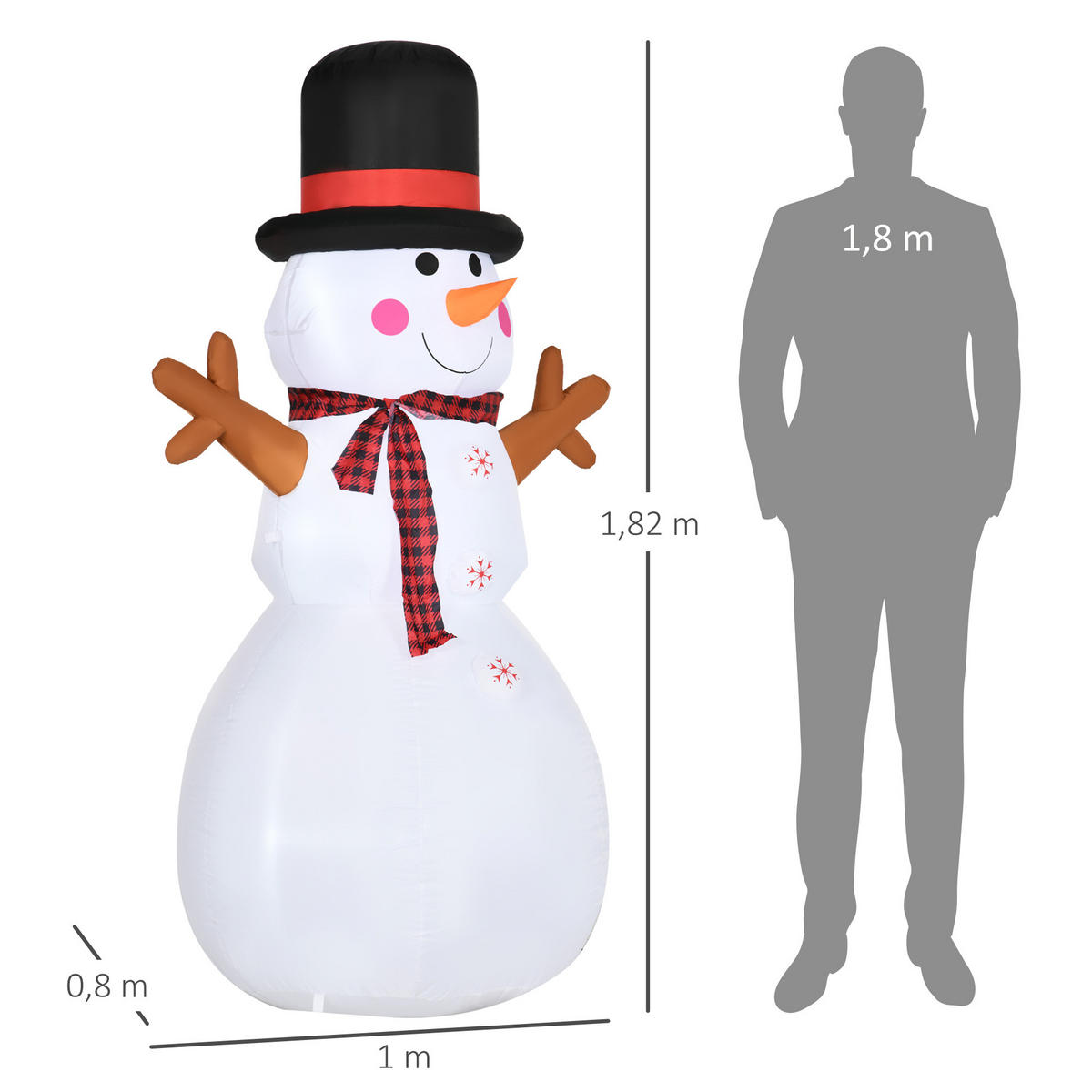 WEIHNACHTEN aufblasbarer Schneemann 1,82 m Dekoration LEDs wetterfest Polyester - Multicolor, Kunststoff (80/182/100cm) - HOMCOM