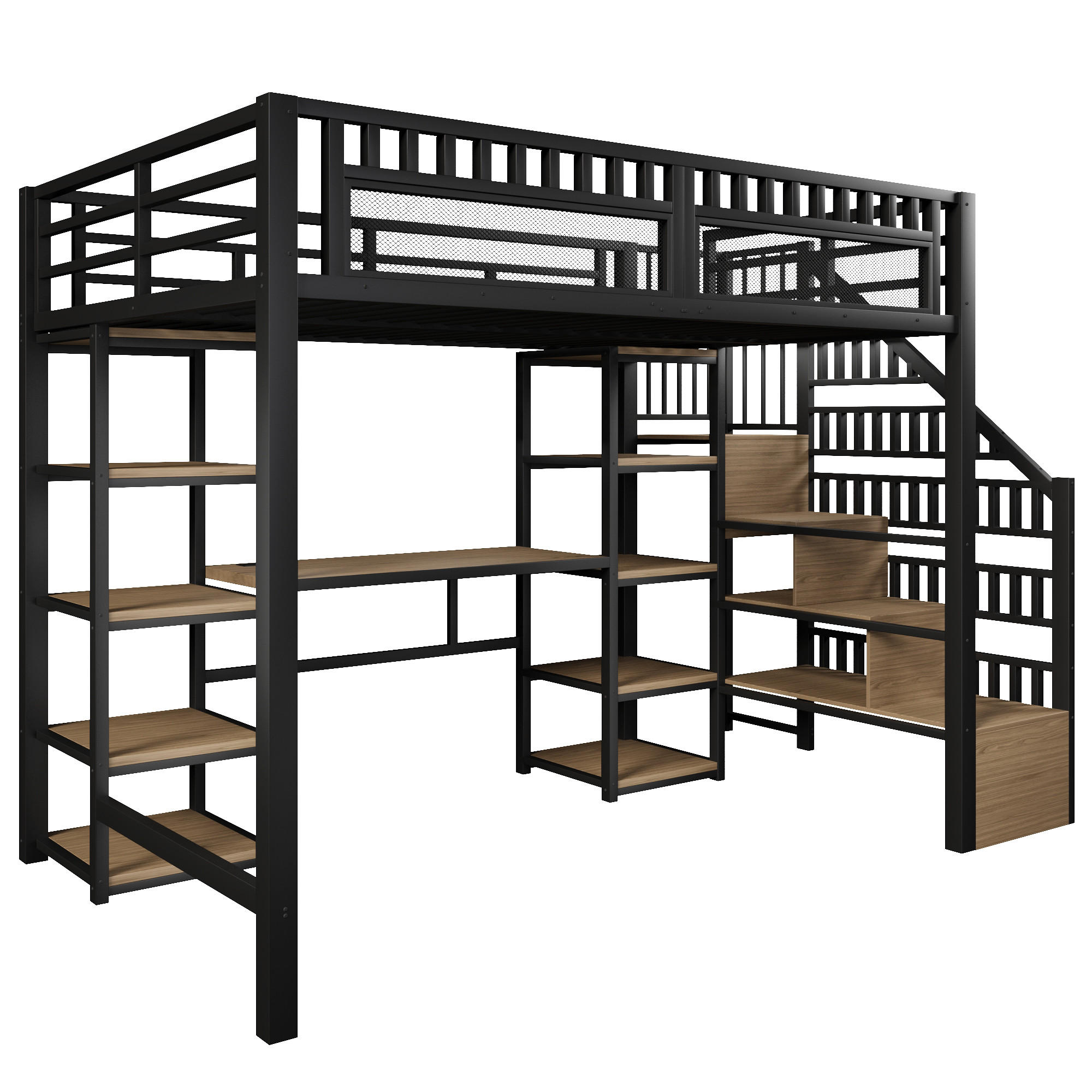 STILVORA HOCHBETT 140/200 cm in Schwarz mit Schreibtisch, Regal, LED und USB