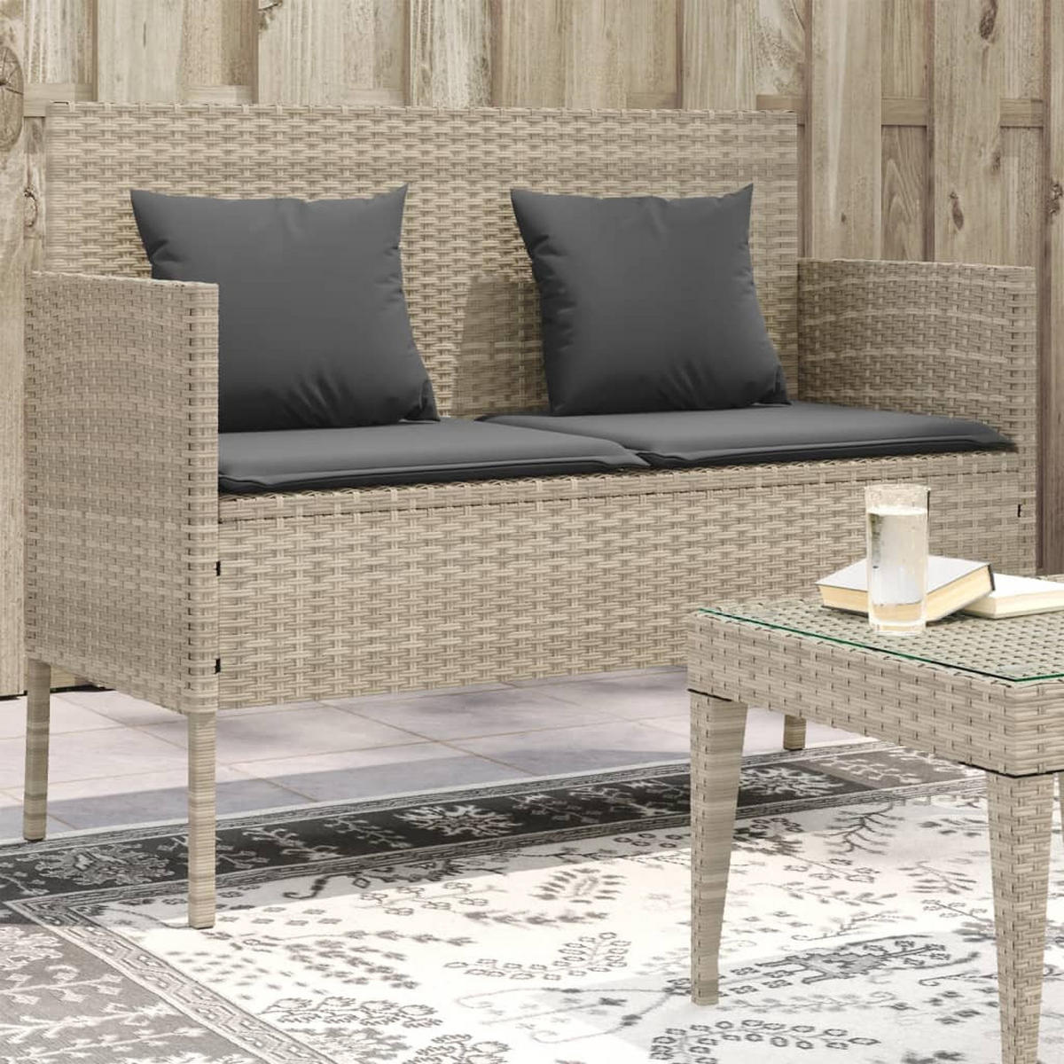 GARTENBANK mit Kissen Hellgrau Poly Rattan - Graubraun/Grau, Kunststoff (113/87/61cm) - furnicato