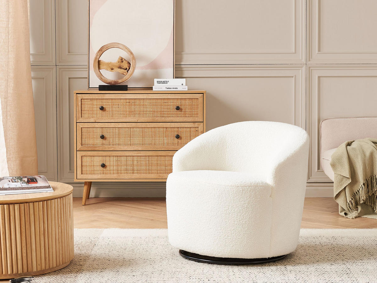 BOUCLÉ-DREHSESSEL Weiß Davik - Weiß, Holz/Textil (62/67/63cm) - Beliani