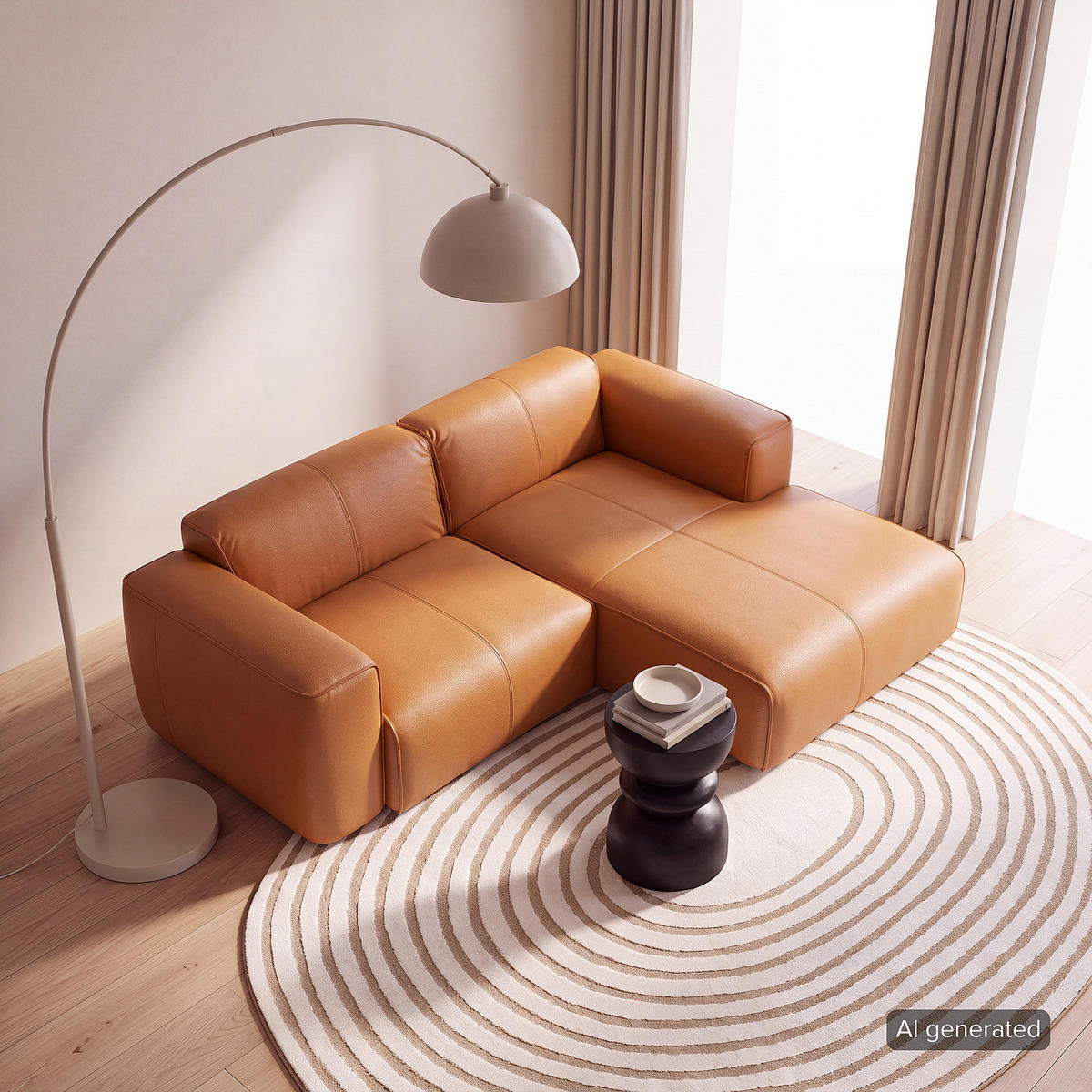 ECKSOFA mit XL-Longchair - Cognac/Schwarz, Leder/Kunststoff (260/171cm) - home24