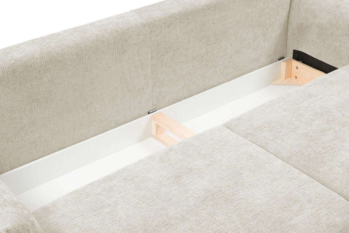 SOFA ADEL - Schlaffunktion Und Bettkasten, Wellenfederung, PUR-Schaum, Schwarze Metallfüße lose Rückenkissen, freistehend, 240x108x75 cm Ecru - Ecru, Holz/Textil (240/75/108cm) - DomoHome
