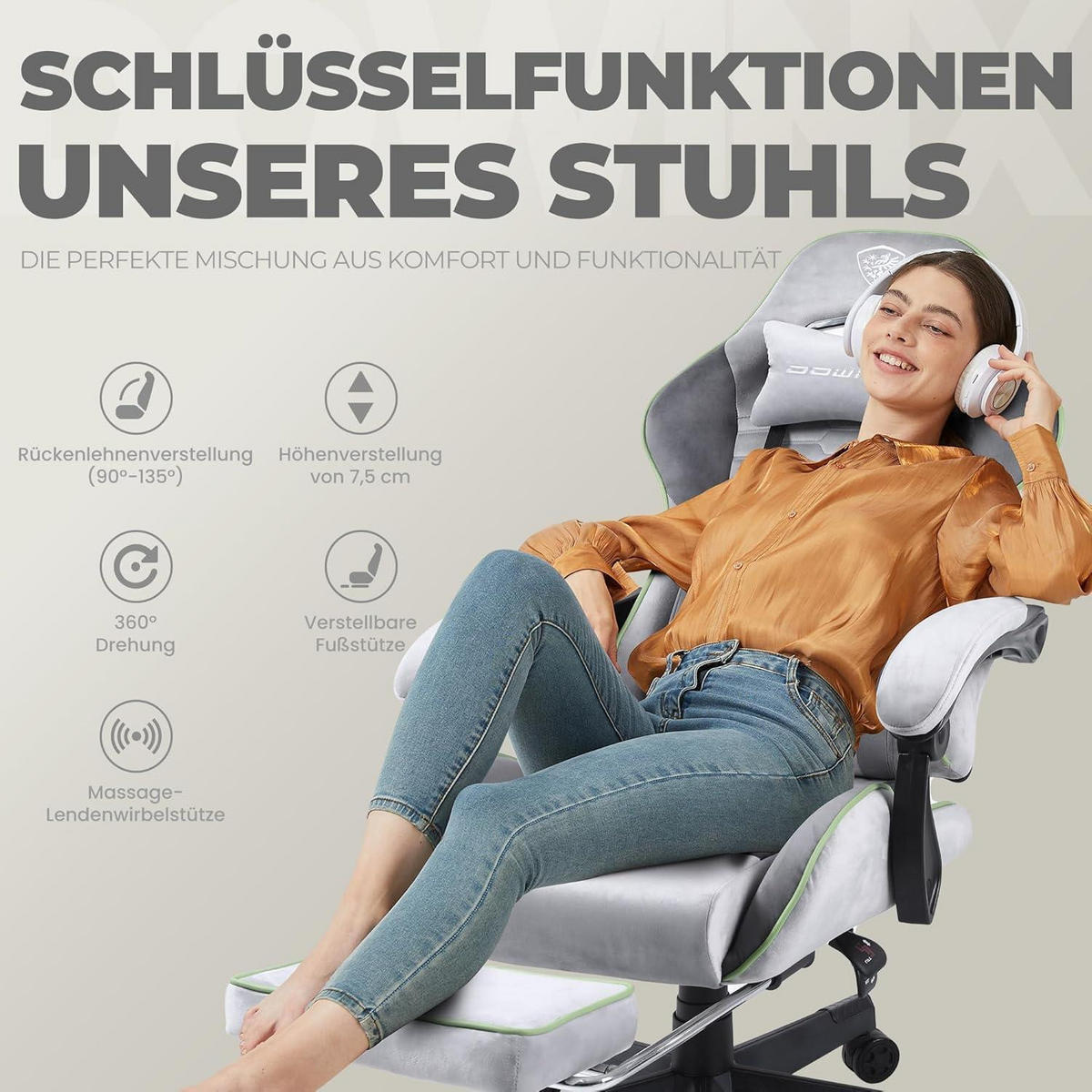 GAMING Stuhl mit Fußstütze Grau & Grün - Multicolor, Textil (63/26.5/84cm)