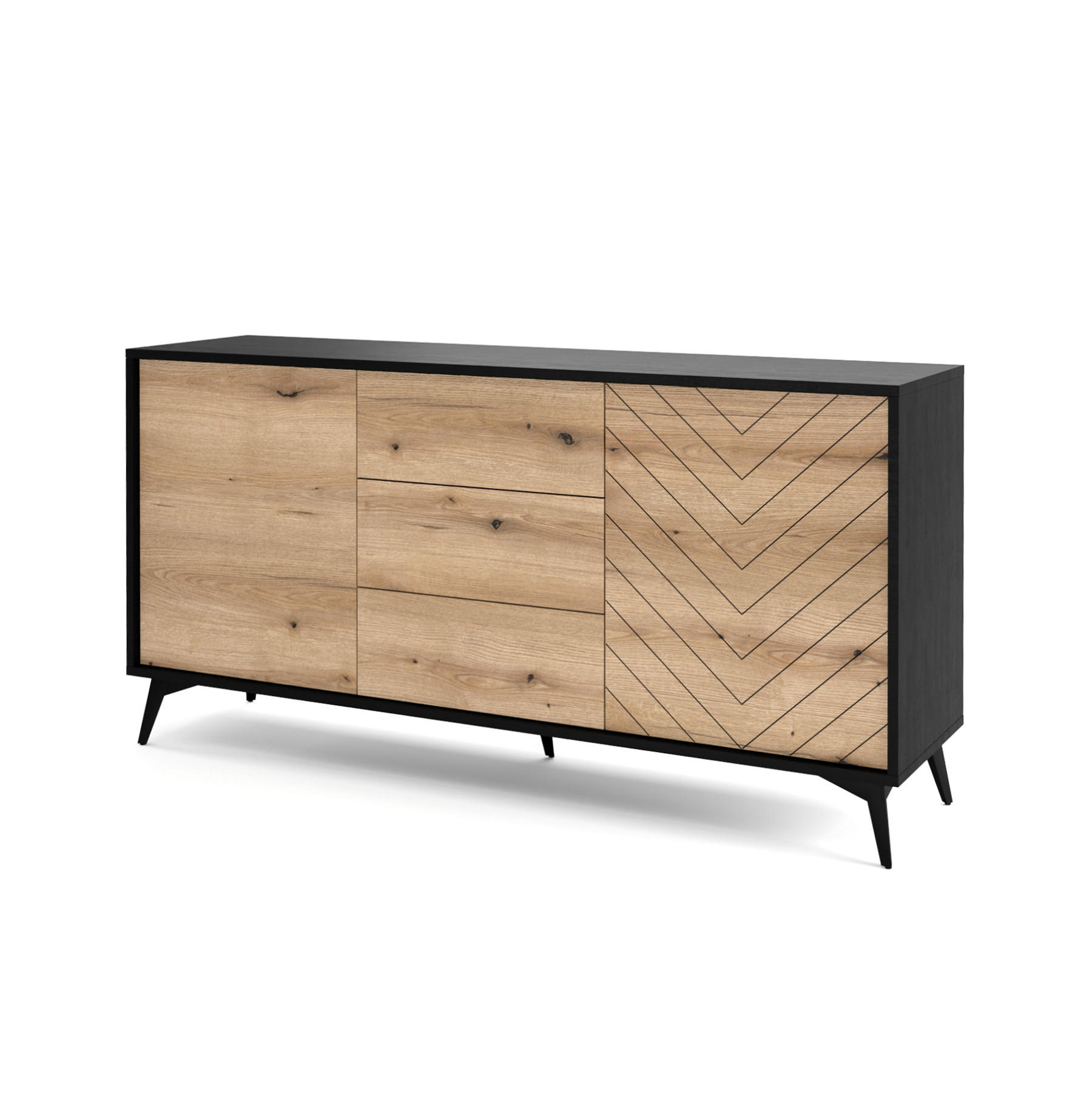 SIDEBOARD Boulia Schwarz mit Fischgrätfronten in Eiche 154 cm - Eichefarben/Schwarz, Holzwerkstoff/Metall (154/77/39cm) - Selsey
