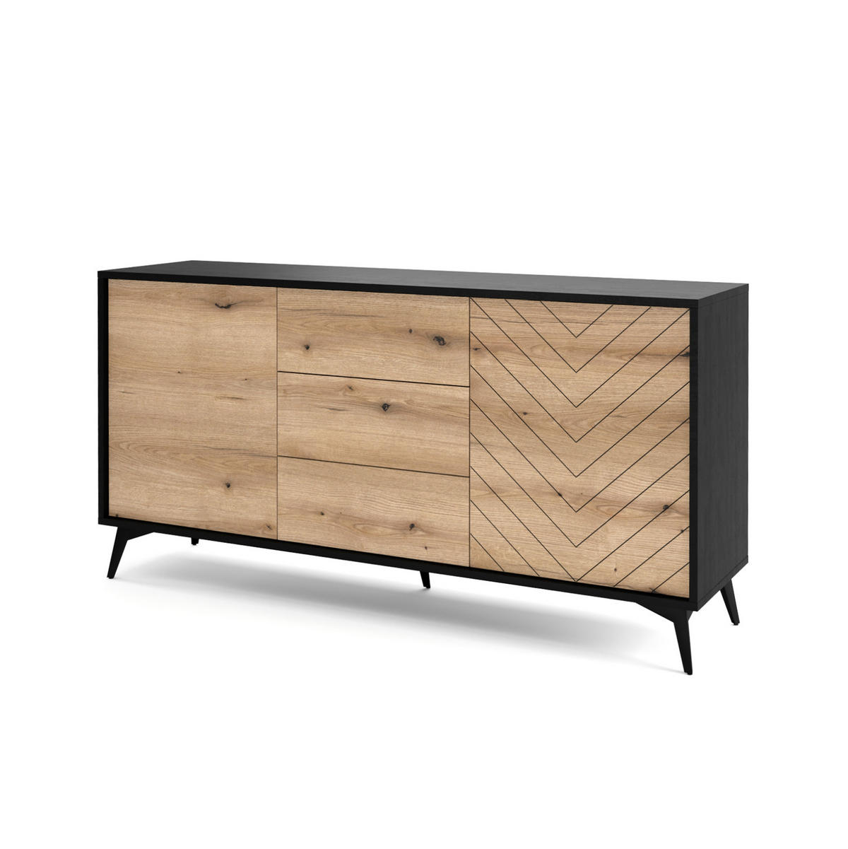 SIDEBOARD Boulia Schwarz mit Fischgrätfronten in Eiche 154 cm - Eichefarben/Schwarz, Holzwerkstoff/Metall (154/77/39cm) - Selsey