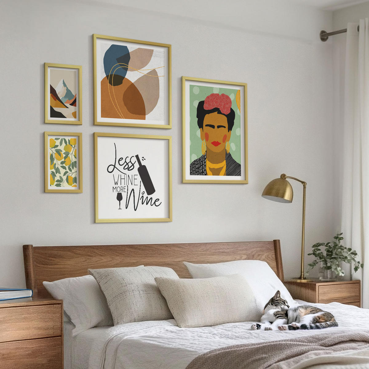BILDER SET 5er Set - 50x50 cm & 20x30 cm & 40x60 cm Goldrahmen - Zitronenweinporträt von Frida - Goldfarben, Kunststoff (40/60cm) - TULUP