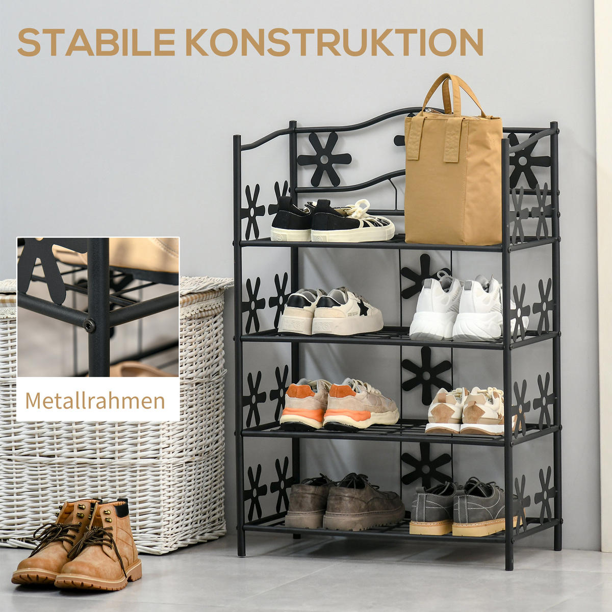 SCHUHREGAL, 4 Etagen, Metall, Schwarz, 59,5 x 30 x 92 cm - Schwarz, Metall (30/92/595cm) - HOMCOM