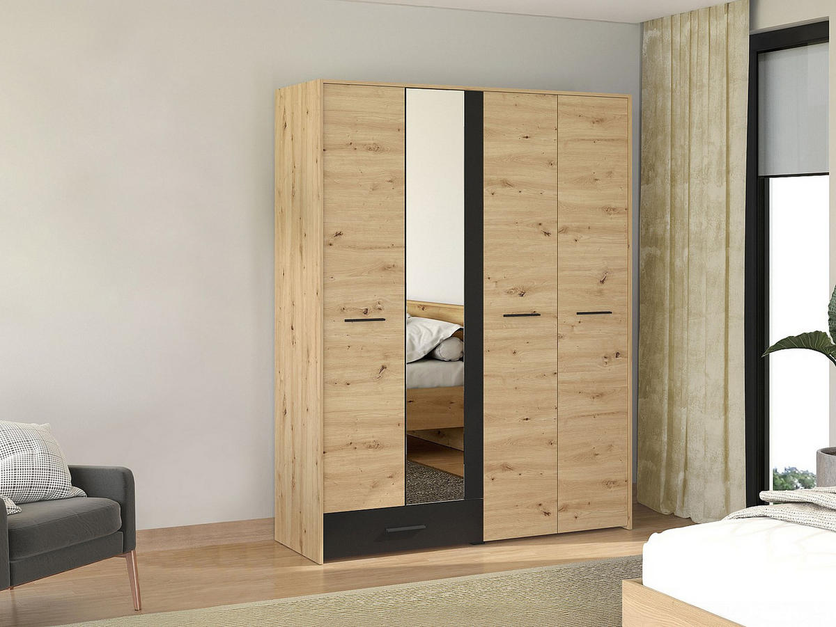 KLEIDERSCHRANK - 157.5 cm x 53 cm - Holz, Platte - Schwarz, Naturfarben Hell NIPOVA - Schwarz/Naturfarben, Holz (157.5/203.5/53cm) - Vente-Unique