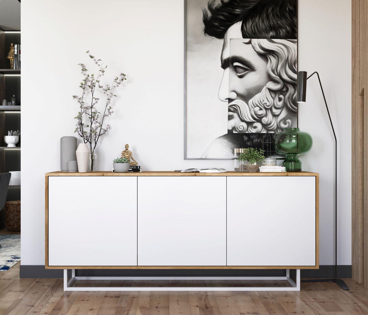 KOMMODE Apollo 3D Eiche wotan Weiß Matt 168 cm - Weiß, Holzwerkstoff/Metall (168/72/35cm) - Meble Lindner