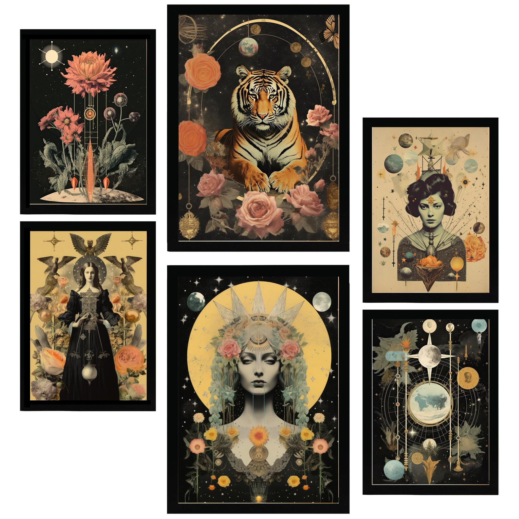 POSTER Set Mit 6 Mystischen Esoterischen Schwarzbeige A3 & A4 Schwarzer Rahmen - Schwarz, Papier (29/3cm) - Nacnic