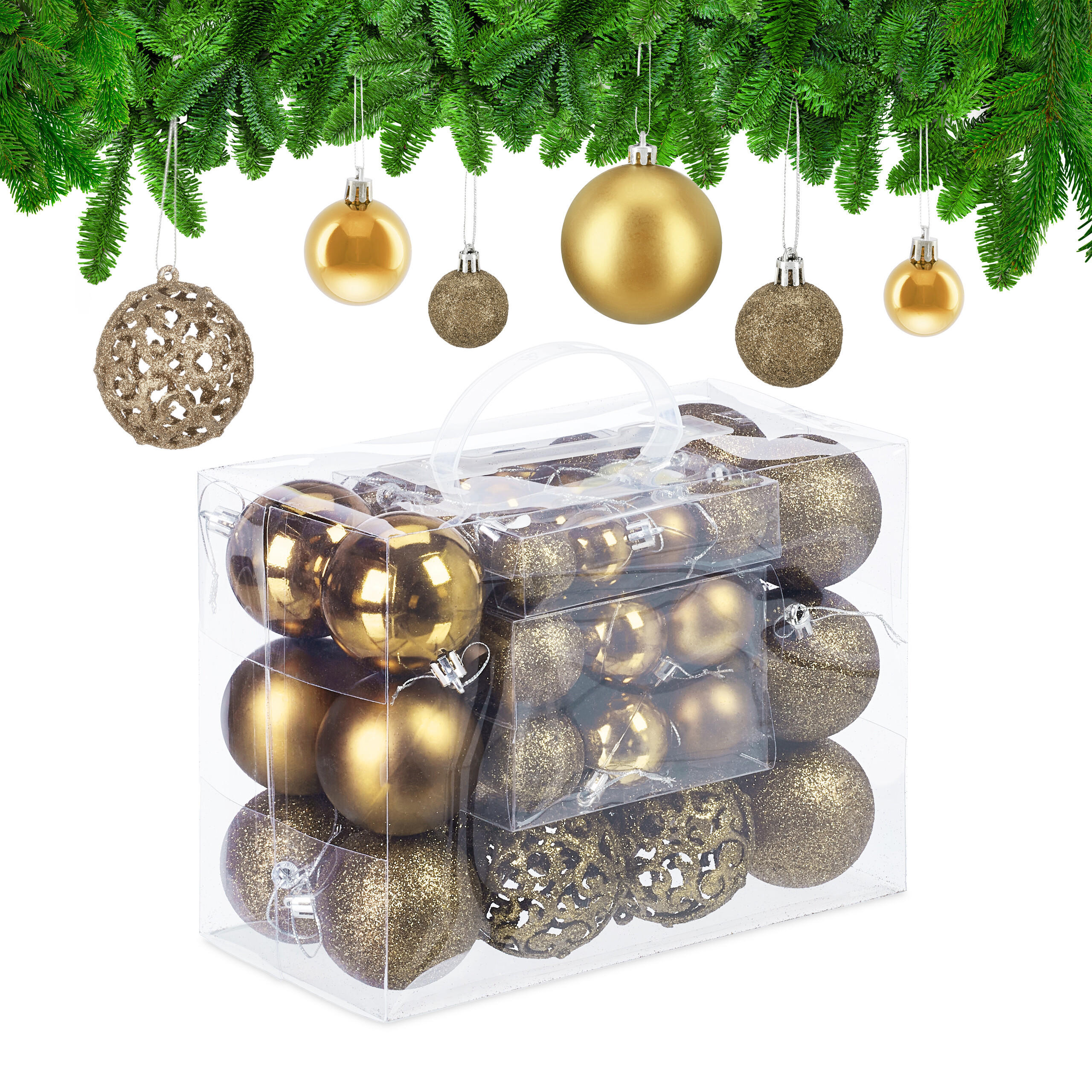 WEIHNACHTSKUGELN-SET 50-tlg. - Goldfarben, Kunststoff (6/7/6cm) - Relaxdays