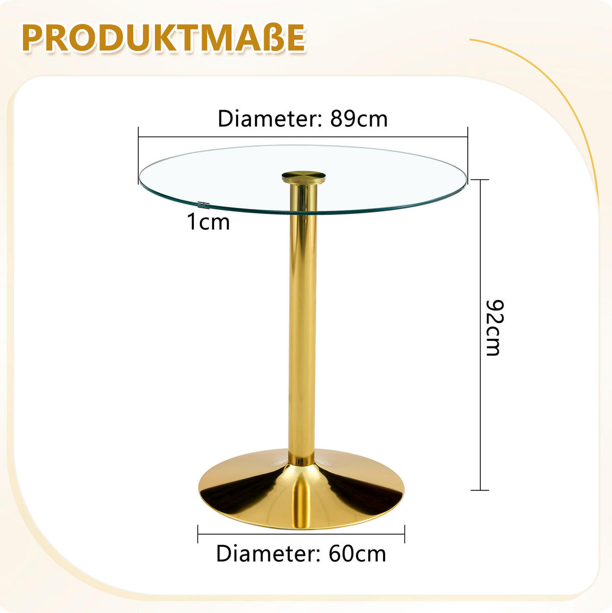 RUNDER Bartisch 89/89 cm aus Glas mit Metallgestell in Gold, Höhe 92 cm - Goldfarben, Holzwerkstoff (89/89/92cm) - BEAOK