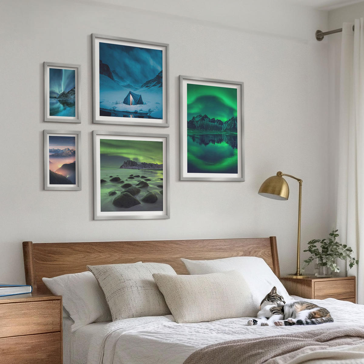 WANDBILDER 5er Set - 50x50 cm & 20x30 cm & 40x60 cm Silberner Rahmen - Stilvolle Pflanzenmuster und Geometrie - Silberfarben, Kunststoff (40/60cm) - ArtPrintCave