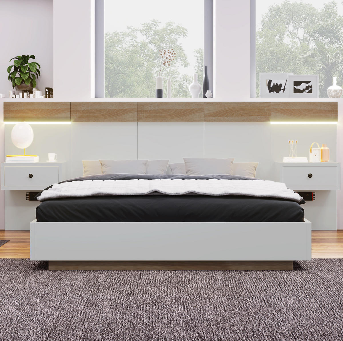 POLSTERBETT aus Holzwerkstoff 140x200 cm in Weiß mit LED & USB-C - Weiß, Holzwerkstoff (140/200cm) - Modfu