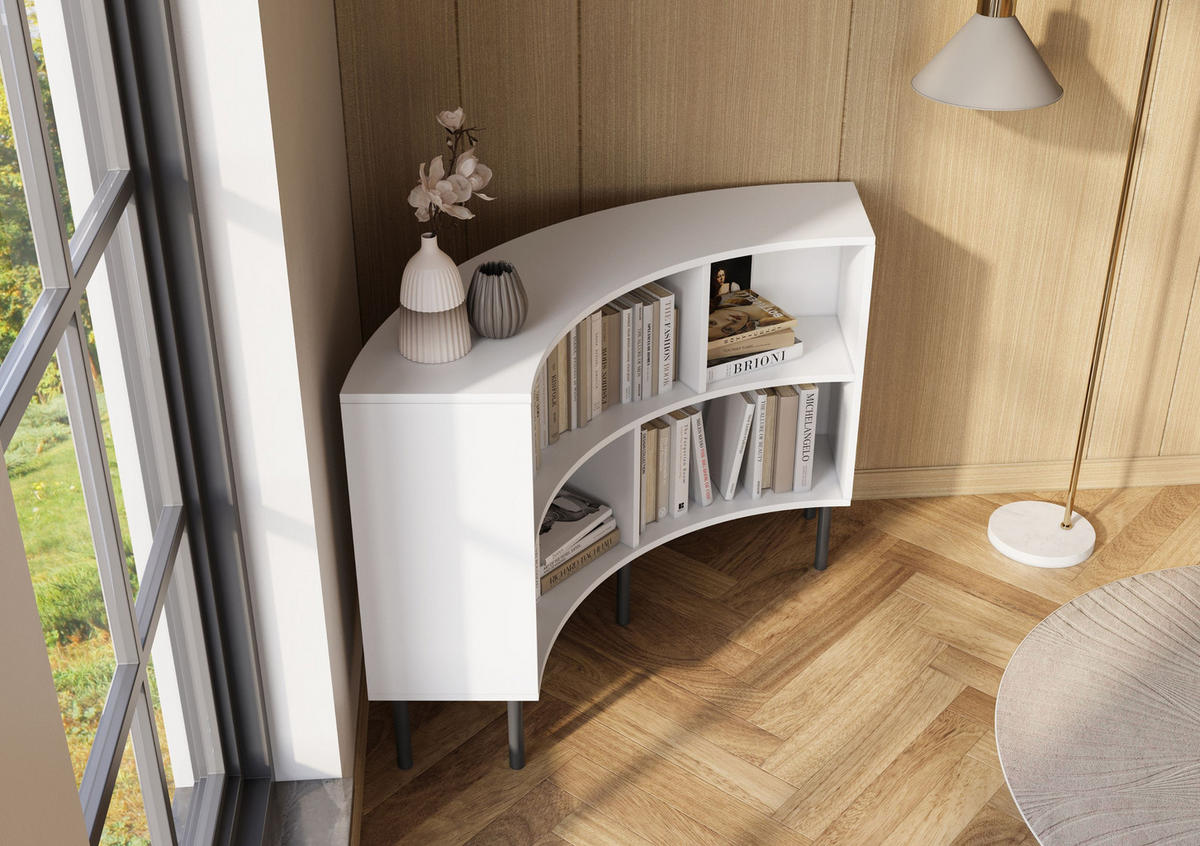 BÜCHERREGAL Horn, Weiß, Bogenform, 4 Fächern, 100 cm - Schwarz/Weiß, Holzwerkstoff/Metall (100.2/85.4/32cm) - Skandica